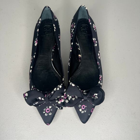 Tory Burch Black Rosalind Bow Floral Pointed Ballet Flats Size 5 - Picture 3 of 8